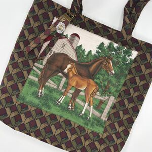 Handmade Tote Bag: Repurposed, Canvas Tote with Horses Cottage Core Library Tote
